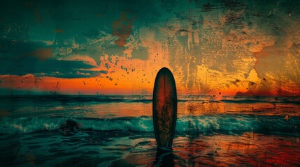A painting depicting a surfboard partially submerged in the water, with waves surrounding it. The bright colors of the board contrast with the deep blue of the ocean.