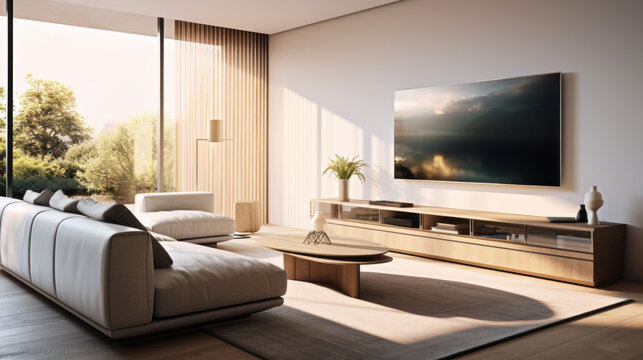 A modern living room with Smart home technology, showcasing a sleek black sofa, a wall-mounted television, and a range of connected gadgets