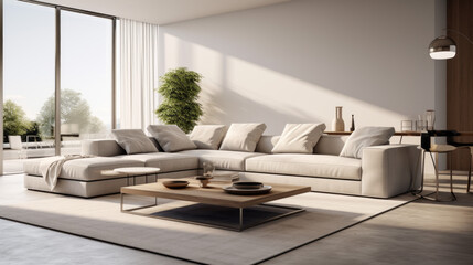 A modern living room with a grey sofa, minimalistic furniture, and a white shag rug