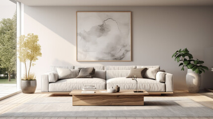 Fototapeta na wymiar A modern living room with a grey sofa, minimalistic furniture, and a white shag rug