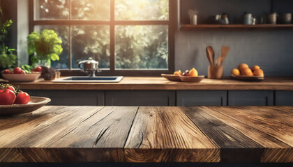 Modern empty wooden countertop with kitchen island, blurred bokeh kitchen room interior background...