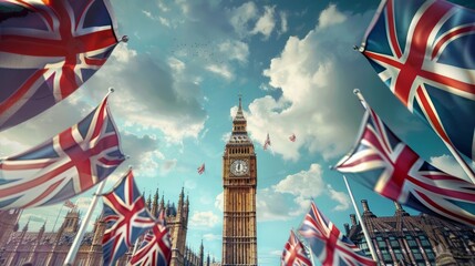 Big Ben with British flags, London, UK. Illustration. Ai generative.