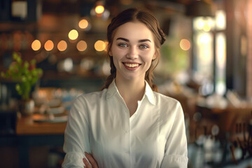 Obraz premium female waiter. beautiful smiling woman working as a waitress in a restaurant. cafe in the background