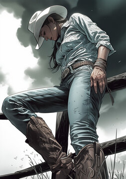 Cowgirl on the ranch illustration in a comic book or graphic novel style