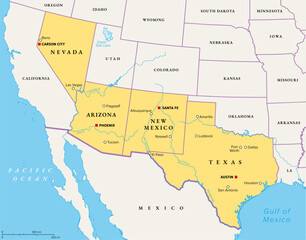 Southwest region of the United States, political map. States of the American Southwest or simply Southwest. Geographical and cultural region, bordered by Mexico. Arizona, New Mexico, Nevada and Texas. - obrazy, fototapety, plakaty