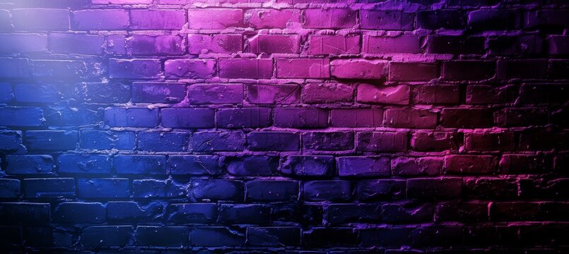Light emanates from a purple and blue brick wall, creating a striking visual contrast. The colors and illumination play off each other, drawing attention to the textured surface. © pham