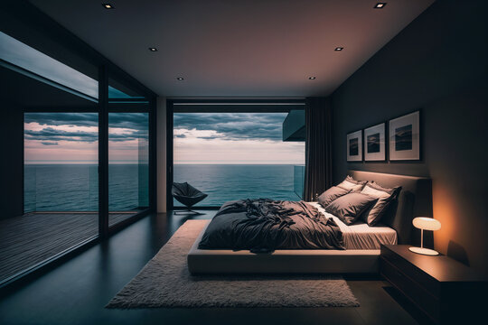 Luxury bedroom at the shore. Modern bedroom with sea view.