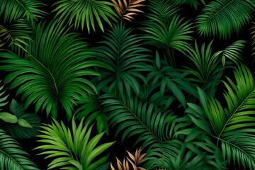 palm tree leaves, A lush tropical garden bursting with rainforest foliage plants, including ferns, palms, philodendrons, and various tropical plants, set against a dramatic black background
