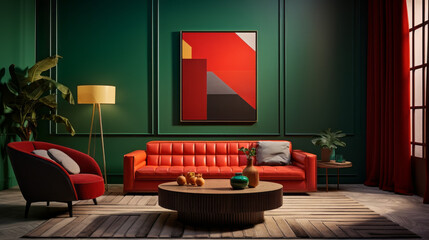 A modern living room with a bold red and green color blocking pattern on the walls