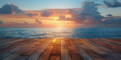 Warmth of the wooden deck contrasts with the serene ocean horizon as the sun dips below.