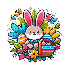 A cute bunny with flowers and a basket on transparent background. happy easter day