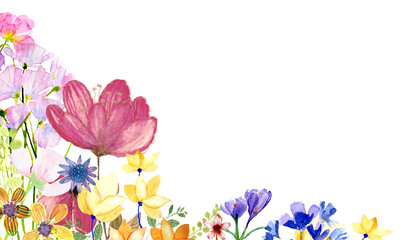 Fioritura di primavera, banner con fiori misti ad acquerello - obrazy, fototapety, plakaty