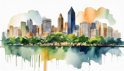 Watercolor illustration of Braslia city. Capital of Brazil. Abstract buildings, architecture.