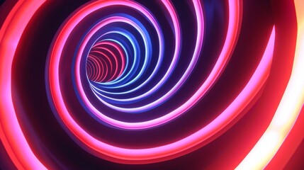 A vibrant spiral tunnel of red and blue neon lights, symbolizing futuristic technology, innovation, and the digital world. Ideal for concepts related to cyberspace and  virtual reality, 