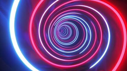 Abstract Neon Spiral Tunnel with Blue and Red Lights, Perfect for Backgrounds in Tech and Music Visuals