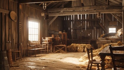 Fototapeta na wymiar the room is filled with wooden furniture inside a hay barn Generative AI