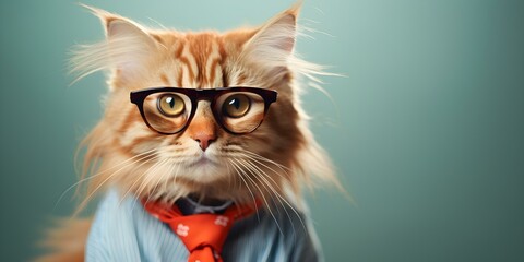 Stylish feline donning glasses and a shirt against a clean backdrop. Concept Cat Photoshoot, Stylish Feline, Glasses, Shirt, Clean Backdrop