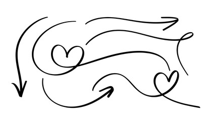 Hand drawn arrow and heart symbol perfectly wavy style, 6 different items, editable vector format. (Extended License) Recommended for unlimited usage.