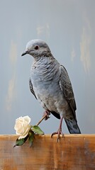 A dove with a red rose in its beak