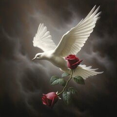 A dove with a red rose in its beak