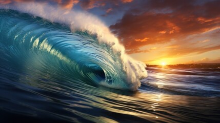 Blue Ocean big wave Crashing at sunrise - Powered by Adobe