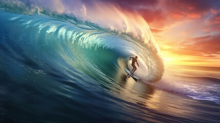 Surfer on Blue Ocean Wave Getting Barreled at Sunrise - obrazy, fototapety, plakaty