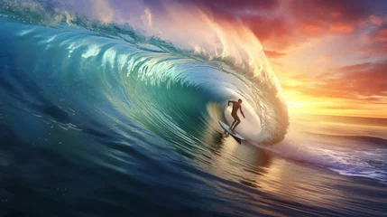 Fotobehang Surfer on Blue Ocean Wave Getting Barreled at Sunrise © inthasone