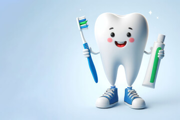 Happy tooth with toothbrush and toothpaste in hands. Space for text.