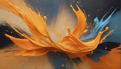 "A burst of orange, yellow, and blue, swirling together in a mesmerizing dance. The background, with its grainy texture and grungy spray, adds depth and dimension to the image.