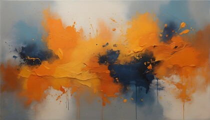 "A fusion of orange, yellow, and blue, blending together in a harmonious display. The background, with its grainy texture and grungy spray, adds a touch of grit to the otherwise smooth colors.