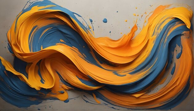 "A burst of orange, yellow, and blue, swirling together in a mesmerizing dance. The background, with its grainy texture and grungy spray, adds depth and dimension to the image.
