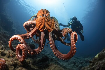 Divers admire the intelligence of a colorful octopus., generative IA - obrazy, fototapety, plakaty