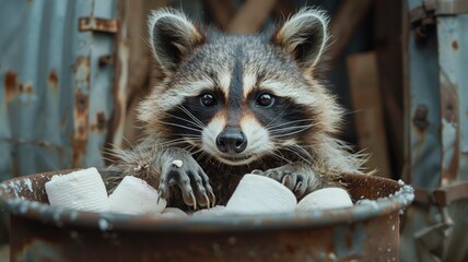 Curious raccoon peeks from a metallic surface, captivating with its bright gaze