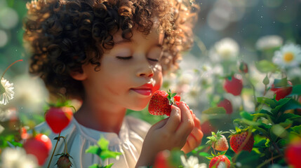 Curly-haired child enjoys the sweet scent of a strawberry amid a sunlit strawberry patch