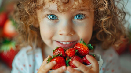 Close-up of a smiling curly-haired child with blue eyes holding ripe strawberries - Powered by Adobe