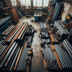 Metal pipes lying in the production room. - obrazy, fototapety, plakaty