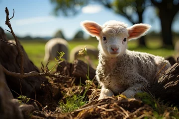 Foto op Aluminium Newborn sheep is shyly approaching your mother., generative IA © JONATAS