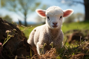 Obraz premium Newborn sheep is shyly approaching your mother., generative IA