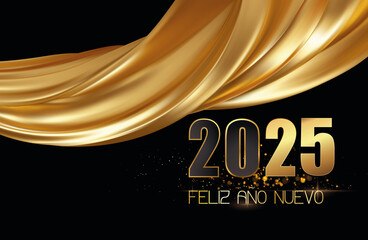 tarjeta o pancarta para desear un feliz año nuevo 2025 en negro y dorado con una cortina de tela dorada sobre un fondo negro con círculos en efecto bokeh - obrazy, fototapety, plakaty