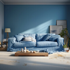 A modern living room with a bright blue couch made from recycled denim fabric and an upcycled coffee table