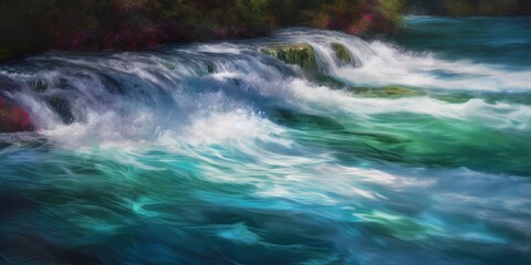 A mesmerizing cascade of cerulean, emerald, and magenta hues dancing in harmonious waves.