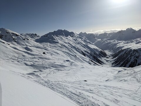 Ski tour Madrisa round tour in the Swiss and Austrian mountains. Great cross-border ski tour from Klosters to Gargellen and St.Ant&ouml;nien. Ski mountaineering in beautiful nature. High quality photo
