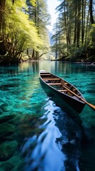 A tranquil blue river with a rowboat