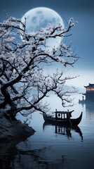 A tranquil blue river with a rowboat