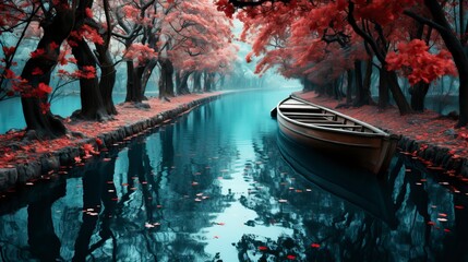 A tranquil blue river with a rowboat - obrazy, fototapety, plakaty