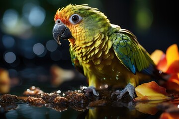 Curious parrot slopes to drink with pool., generative IA - obrazy, fototapety, plakaty