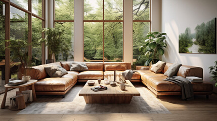 A modern living room with biophilic design featuring a cozy couch, a natural wood coffee table, and plenty of greenery