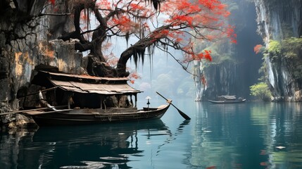 A tranquil blue river with a rowboat