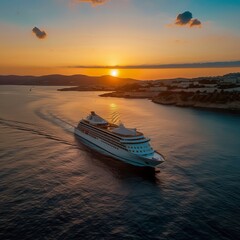 Fototapeta premium Luxury cruise ship sailing to sea on sunrise 