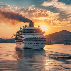 Luxury cruise ship sailing to sea on sunrise 